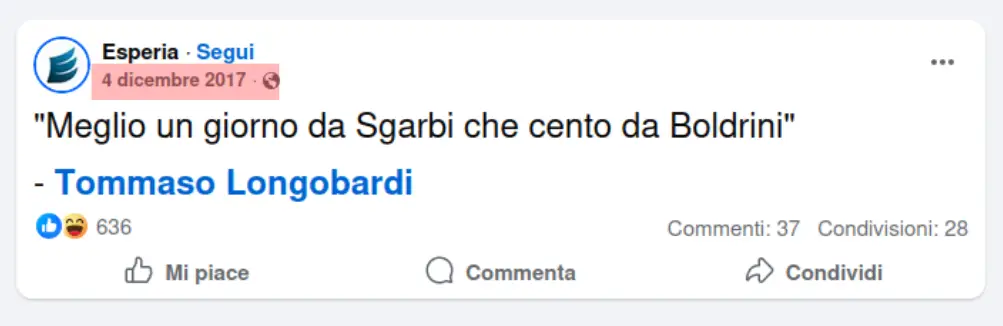 Screenshot di un post recuperato dalla pagina Facebook di Esperia Italia
