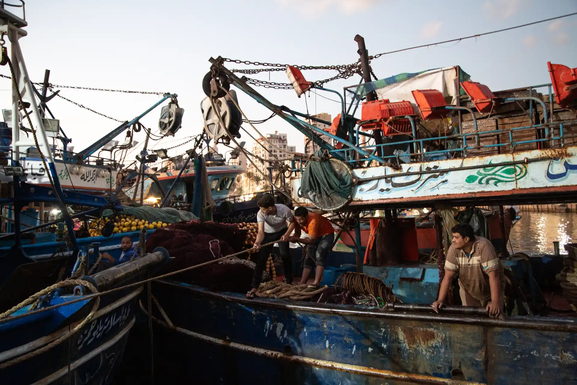 Alessandria d'Egitto - Al termine di una lunga battuta di pesca, i marinai rientrano e attraccano al porto di Al Mina’ ash Sharqiyah, accanto alla cittadella di Qaitbay, uno dei simboli più importanti della città.