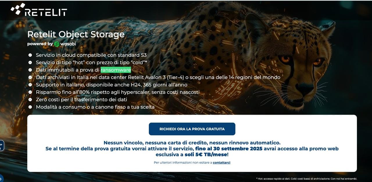 Una pagina in cui Retelit pubblicizza uno dei suoi servizi: si legge «Dati immutabili a prova di ransomware»
