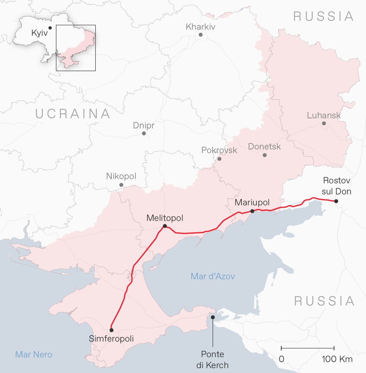 L'autostrada M-14, che collega la città russa di Rostov-on-Don con la Crimea occupata, passando per le città ucraine di Mariupol e Melitopol