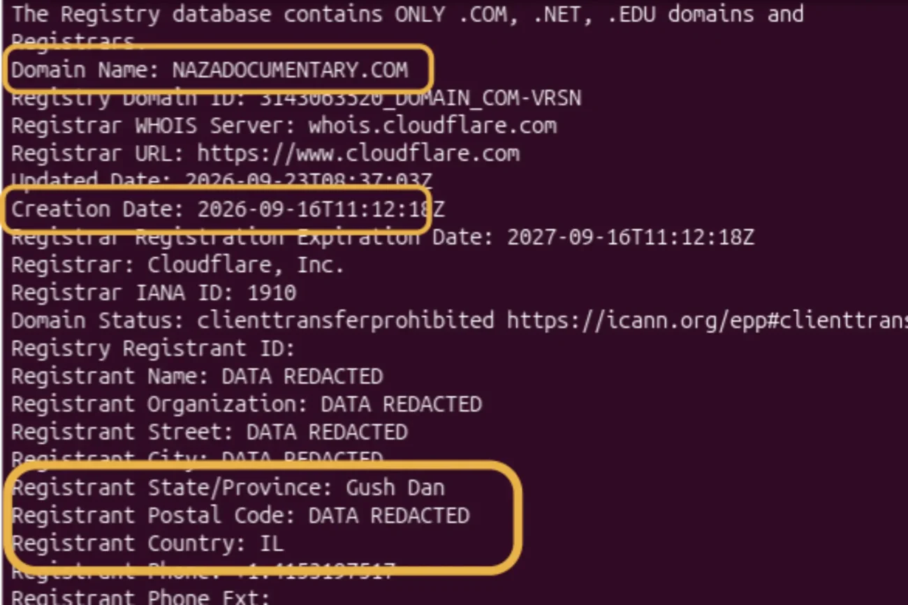 Intestazione del sito nazadocumentary[.]com con data di creazione (16 novembre) e Paese di registrazione (Israele, area metropolitana di Tel Aviv)