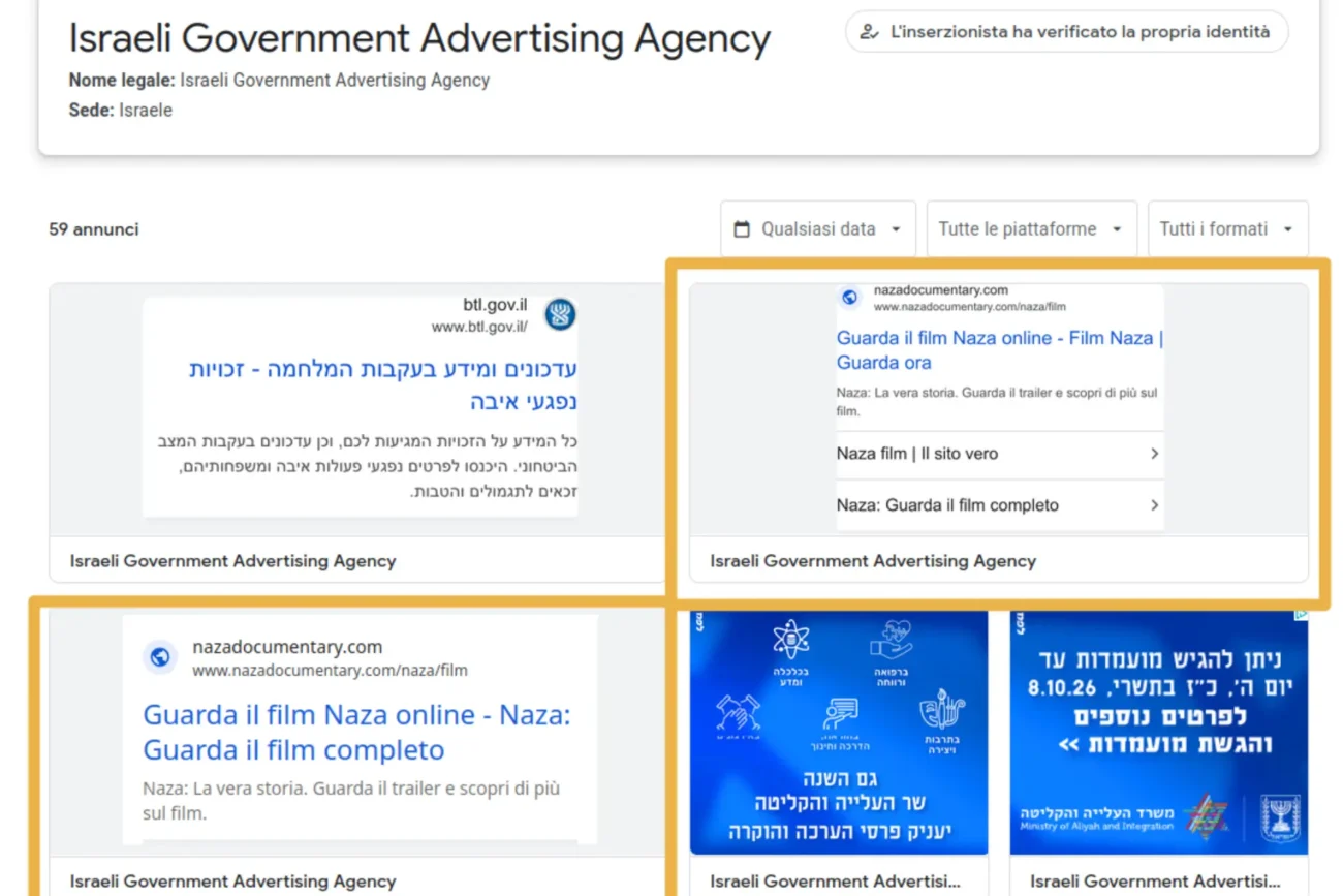 Pagina inserzioni dell’Israeli Government Advertising Agency su Google